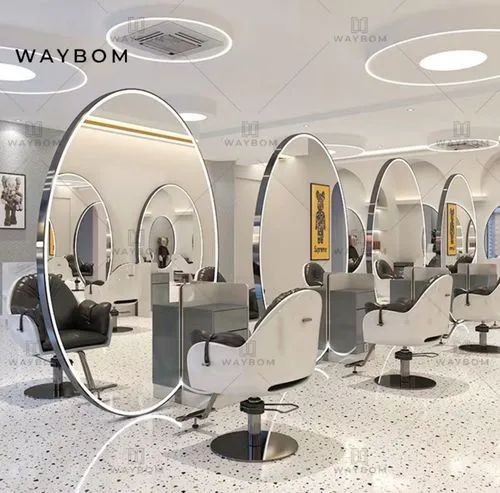 a modern beauty salon with a large mirror and lots of chairs,salon,hairdressing salon,implantology,salons,beauty room,wardroom