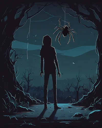 Write a spooky scene about someone with pediophobia encountering a spider in the dark.,walking spider,harvestman,funnel web spider,spider,harvestmen,arachnid,arachnophobia,spiders,widow spider,baboon 