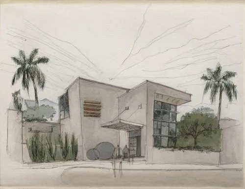 DISEÑO DEL EXTERIOR DE UNA RESIENDIA ESTILO MINILISTA , EN MEDIO DE UN AMBIENTE EXUBERANTE, CON PERSONAS, PALMERAS, CORRECION DE ERRORES, EXELENTE REPRESENTACIÓN, CORRECCION DE ERRORES,a drawing of th