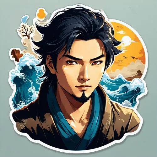 sea god,cg artwork,growth icon,wuchang,autumn icon,edit icon,yi sun sin,steam icon,bodhi,download icon,vector illustration,japanese waves,the wind from the sea,god of the sea,custom portrait,game illustration,ocean background,life stage icon,kai,shimada,Unique,Design,Sticker