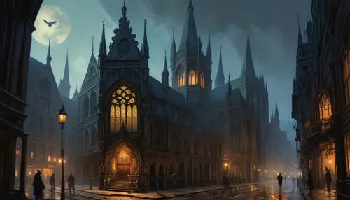 ravenloft,haunted cathedral,gothic church,neogothic,darktown,arkham,neverwhere,gothic,shadowgate,night scene,spires,city scape,dark gothic mood,cathedral,gothic style,gothams,city at night,hogwarts,grimshaw,cathedrals,Conceptual Art,Oil color,Oil Color 04