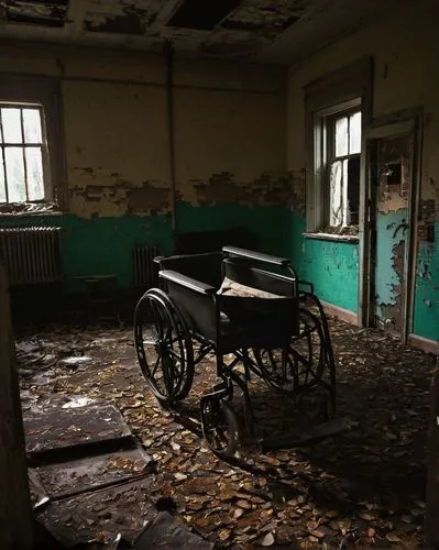 Abandoned asylum, Gothic architecture, crumbling walls, broken windows, eerie corridors, flickering fluorescent lights, dimly lit, old hospital equipment, rusty medical tools, wheelchairs, torn curtai