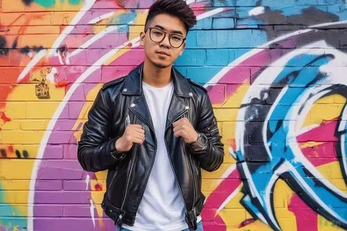 Urban graffiti artist, young adult, male, trendy haircut, bold black-framed glasses, ripped denim jeans, black leather jacket, spray paint can in hand, standing, leaning against a vibrant colorful wal