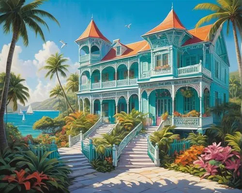 tropical house,house by the water,bahamonde,seaside resort,florida home,dreamhouse,summer cottage,mustique,tropical island,bluefields,house of the sea,belize,holiday villa,curacao,jamaica,coville,key west,islamorada,trinidad,hacienda,Conceptual Art,Sci-Fi,Sci-Fi 08