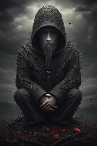 hooded man,dark art,grim reaper,sorrow,of mourning,black crow,hooded,photo manipulation,reaper,the fallen,death god,neophyte,decrypted,grimm reaper,photomanipulation,anonymous,harm,death's head,black raven,anguish,Illustration,Realistic Fantasy,Realistic Fantasy 17