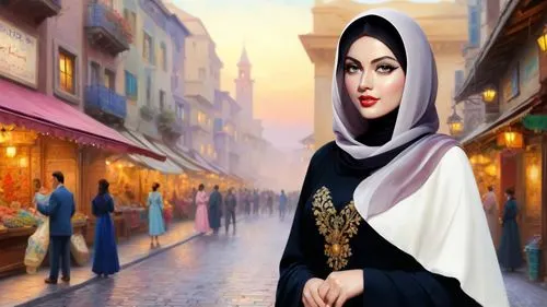 Romantic masterpiece oil painting, beautiful girl portrait, abaya dress, nostalgic 1950's style kitsch, breathtaking beautiful epic vast landscape, majestic scenery, street bazaar, highly detailed, hi