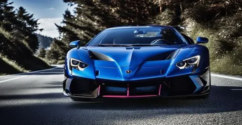 a blue sport car driving down the street,reventon,gumpert,veneno,balboni,mastretta,ghini,Photography,General,Realistic