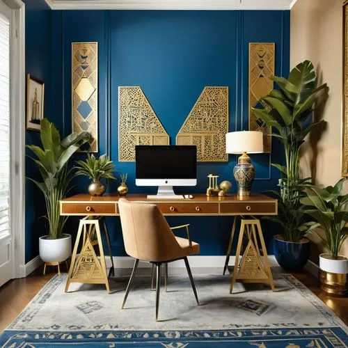 dark blue and gold,blue room,modern decor,mahdavi,royal blue,contemporary decor,interior decor,interior design,interior decoration,gold wall,navy blue,gold foil corner,blue lamp,deco,geometric style,blue doors,decor,moroccan pattern,wall decoration,mid century modern,Photography,General,Realistic