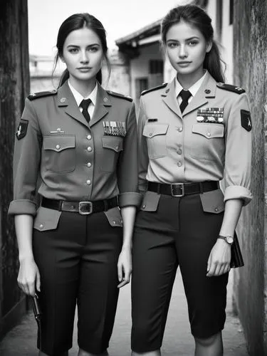 Black and white high resolution photography: The female soldiers walk side by side and appear relaxed, despite being in a military environment. They exchange warm smiles, showing their close friendshi