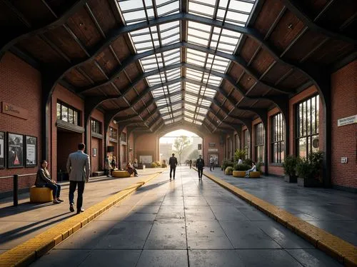 Rustic train station, industrial heritage, exposed brick walls, metallic beams, polished concrete floors, minimalist modernist architecture, bold geometric shapes, functional design, urban cityscape, 