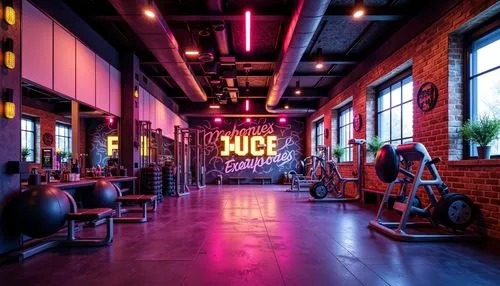 Vibrant fitness studio, bold color scheme, energetic atmosphere, neon lights, motivational quotes, modern equipment, sleek metal frames, rubber flooring, mirrored walls, high ceilings, natural light, 