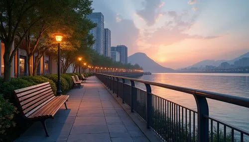 Riverbank, urban planning, modern architecture, greenery, riverside walkway, steel railings, wooden benches, flowering trees, vibrant streetlights, evening atmosphere, warm sunset glow, gentle river f