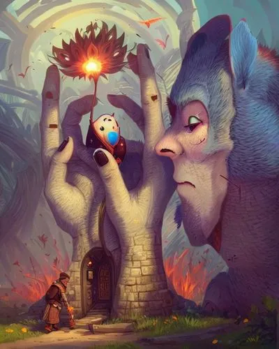 a woman is holding up a small doll to her face,gnomes,janja,croods,gnome,game illustration,scandia gnomes,Common,Common,Cartoon