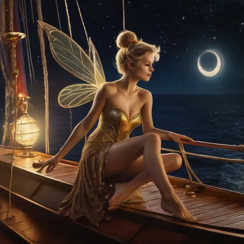 a fairy with wings sitting on a boat,tinkerbell,fantasy picture,amphitrite,girl on the boat,fantasy art,goldmoon