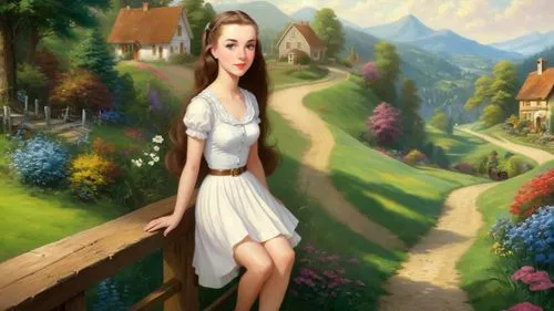 Romantic masterpiece oil painting, cute girl portrait, nostalgic 1950's style kitsch, rolling hills landscape, lush forest village scenery, by Thomas Kinkade, by Bob Ross,girl in the garden,pevensie,d