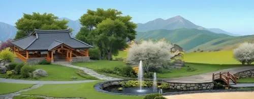 Replace the selected area with a beautiful weeping willow tree. The scene should include:
- A large weeping willow tree with long, drooping branches and lush green leaves.
- The tree should be placed 