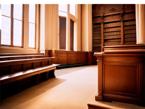 Grand courthouse building, majestic architecture, pillars at entrance, staircase inside, wooden benches, solemn atmosphere, judge's podium, law books on shelves, natural light from windows, soft focus