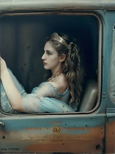 at random,there is a beautiful girl in a blue dress sitting in the side of a car,girl in car,girl and car,woman in the car,marylou,carice,autochrome,Photography,Black and white photography,Black and W