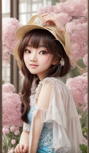 cute and beautyfull  asian girl  ,female doll,vintage doll,dress doll,painter doll,japanese doll,fashion doll,artist doll,viet nam,realdoll,paper flower background,spring greeting,spring background,fa