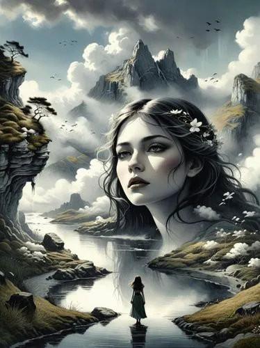 a woman with dark hair standing on top of a river,fantasy picture,fantasy art,mirror of souls,unseelie,surrealism,mystical portrait of a girl,Illustration,Realistic Fantasy,Realistic Fantasy 25