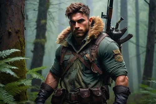 Muscular man, bugbear ranger, solo, (25yo), rugged facial features, scars on cheek, messy brown hair, goggles on forehead, worn leather gloves, camouflage clothing, utility belt with tools, rifle slun