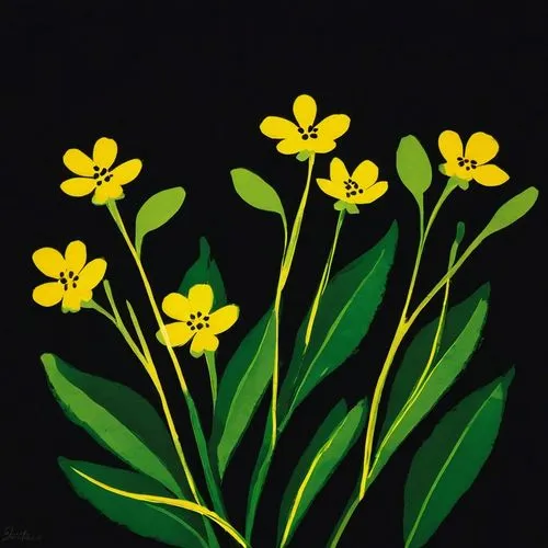 Close-up of several small yellow flowers with green leaves against a dark background.,a painting of yellow flowers with green leaves,illustration of the flowers,lotus corniculatus,arabidopsis,fluoresc