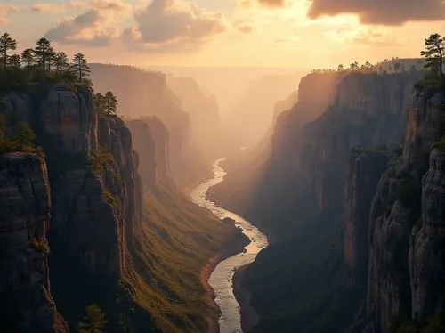 Canyon landscape, majestic grandeur, golden hour, warm sunlight casting long shadows, vast expanse of rugged terrain, layered rock formations, steep cliffs, winding river flowing gently, lush green ve