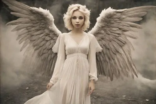 Bleached blonde. Fallen Angel. Folded angel wings. Smoke in background. Cinematic. ,an angel is standing in the foggy ground,angel girl,vintage angel,angel wings,weeping angel,love angel,fallen angel,