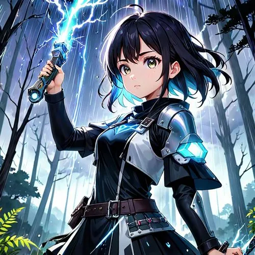 cg artwork,monsoon banner,lightning,erika,meteora,winterblueher,kayano,dacia,nico,morgan,portrait background,lightning bolt,lightsaber,swordswoman,sword lily,himuto,goddess of justice,forest background,nori,lechona,Anime,Anime,Traditional