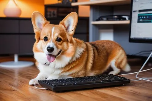 cute corgi, reddit mascot, sitting, front legs crossed, adorable eyes, fluffy ears, short legs, cute nose, smiling face, orange fur, white belly, paws, lying on a wooden floor, surrounded by computers