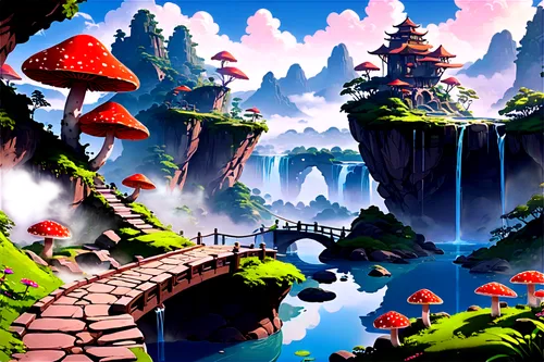 mushroom landscape,mushroom island,cartoon forest,cartoon video game background,skylands,fairy world,fairy village,fantasy landscape,futuristic landscape,fairy forest,platformer,bird kingdom,platformers,fantasy world,toadstools,overworld,mushrooms,ash falls,fairyland,platforming,Illustration,Japanese style,Japanese Style 06