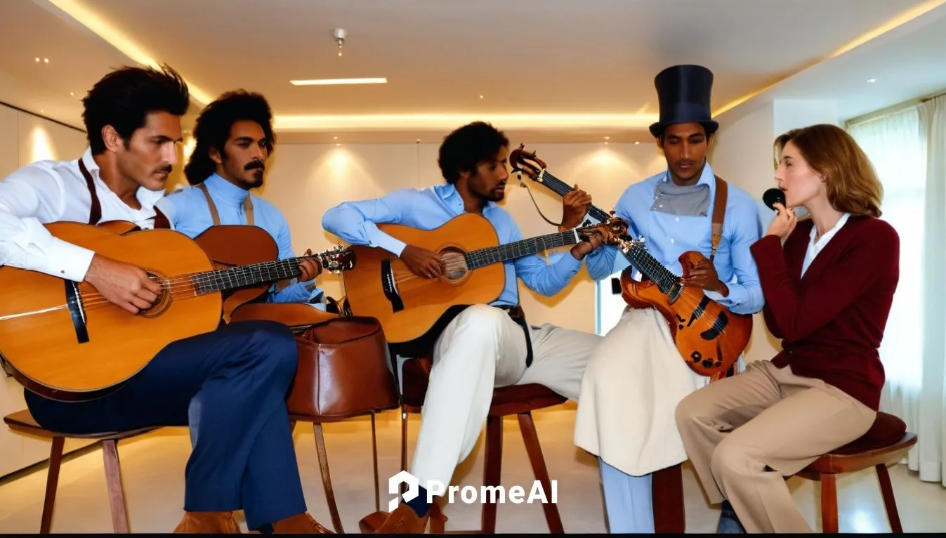 A group of student musicians and female and male chefs playing different musical instruments.,a group of people playing musical instruments together,rondalla,cavaquinho,qawwali,ilayaraja,sarangi,marga