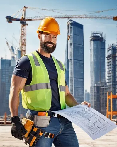 Muscular man, 35yo, rugged beard, safety helmet, reflective vest, tool belt, worn jeans, steel-toed boots, holding blueprints, standing in front of a skyscraper under construction, cityscape, sunny da