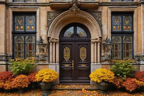 European-style, ornate building facade, intricate stone carvings, grand entrance doors, polished brass doorknobs, stained glass windows, Gothic arches, Roman columns, carved wooden shutters, flower-pa