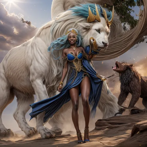 she feeds the lion,fantasy art,fantasy picture,centaur,mythological,pharaoh,lioness,cleopatra,fantasy portrait,greek mythology,warrior woman,anglo-nubian goat,fantasy woman,tiber riven,athena,sphinx pinastri,goddess of justice,sphynx,artemisia,golden unicorn
