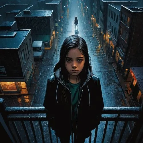 girl walking away,jasinski,walking in the rain,sci fiction illustration,alita,protagonist,in the rain,the girl's face,girl in a long,pedestrian,world digital painting,city ​​portrait,oscura,the girl at the station,agoraphobia,vertigo,girl in t-shirt,worried girl,echo,a pedestrian,Illustration,Paper based,Paper Based 01