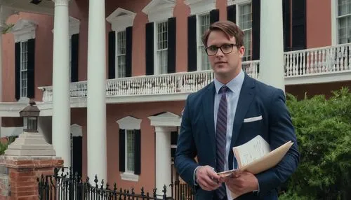 Historic Charleston-style building, architectural design, job scene, male architect, 30s, casual business attire, glasses, short brown hair, smiling, standing, holding blueprint, pencil in hand, surro