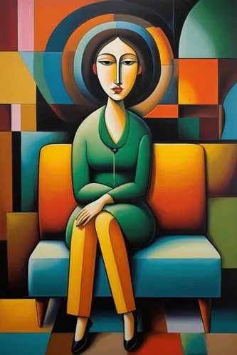 abstract oil painting of a woman sitting on a sofa geomaterial background ,a painting of a person sitting on a couch,woman sitting,woman at cafe,art deco woman,woman thinking,gioconda,praying woman,Ar