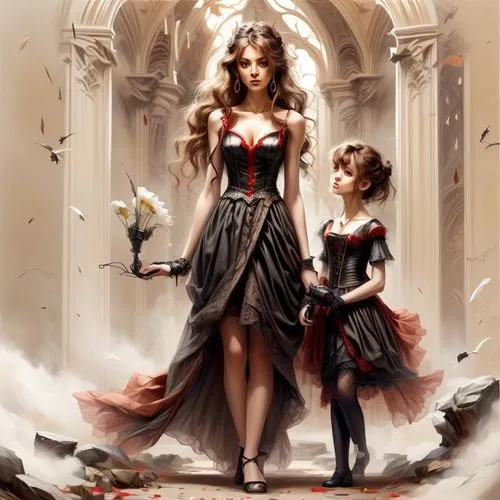 little girl and mother,mother and daughter,daughters,gothic portrait,sorceresses,mom and daughter