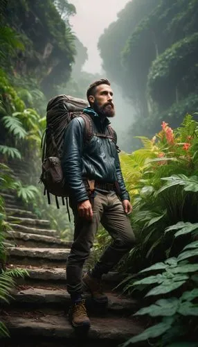 Male explorer, rugged beard, worn leather jacket, backpack with maps and compass, trekking poles, strong muscular legs, standing at the edge of a dense jungle, misty atmosphere, exotic plants with bri