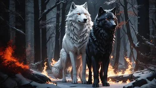 two white wolf standing in the woods with orange eyes,white wolves,two wolves,wolves,wolfsangel,howling wolf,wolfs