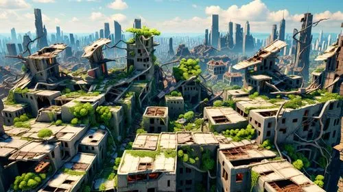 city ​​completely destroyed,an artistic landscape image made using city structures,yavin,ecotopia,skyscraper town,terraformed,coruscant,kashyyyk,Unique,3D,3D Character