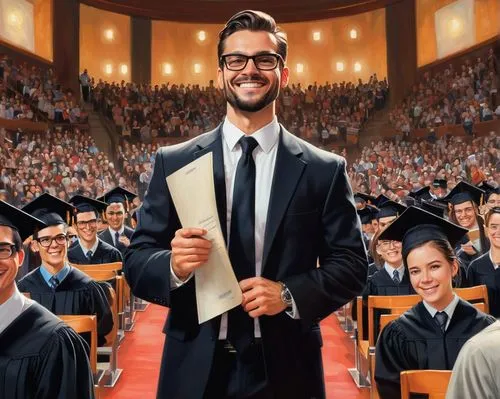 Graduation ceremony, architectural degree holder, proud smiling face, glasses, neat short hair, suit, white shirt, black tie, holding diploma, standing, university campus, grand auditorium, rows of se