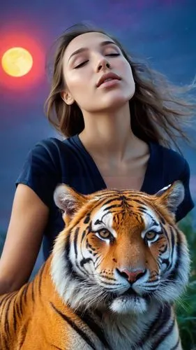 As the sun rises behind her, a radiant tiger with radiant red and purple glow shines gently in the sky. This lone figure, adorned with her enigmatic smile, radiates passion, radiating warmth and energ