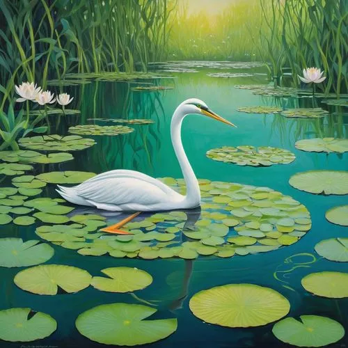 the danube delta,danube delta,lilly pond,bird painting,swan lake,wetland,Illustration,Realistic Fantasy,Realistic Fantasy 04