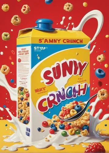 Cartoonish cereal box, colorful illustration, morning sunlight, kitchen counter, retro-style, rectangular shape, glossy finish, bold font, brand name "Sunny Crunch", bright yellow background, red and 