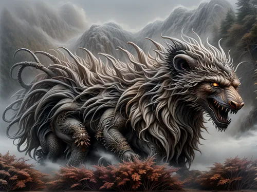 forest king lion,gryphon,new world porcupine,howling wolf,stone lion,carpathian shepherd dog,porcupine,canidae,nebelung,gray wolf,uintatherium,wild boar,norwegian forest cat,mountain spirit,lion,european wolf,boar,fantasy art,keeshond,black shepherd