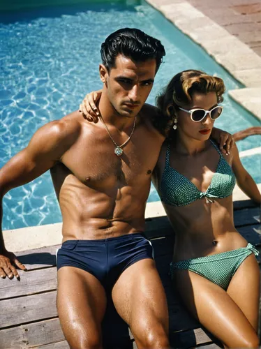 Couple of 25 years old fit italian man and woman, mafia, 1950 vintage, sunbath, pool swimwear, jewerly, luxury,model years 1960-63,vintage man and woman,vintage boy and girl,vintage 1950s,50's style,m