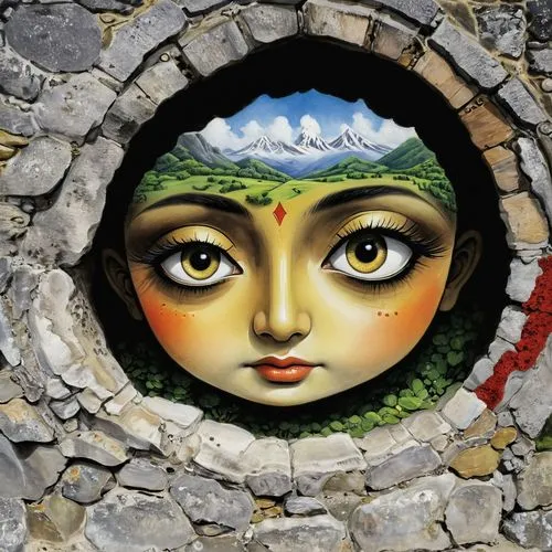 nitai,woman at the well,round window,balarama,wall painting,kalighat,Illustration,Paper based,Paper Based 29