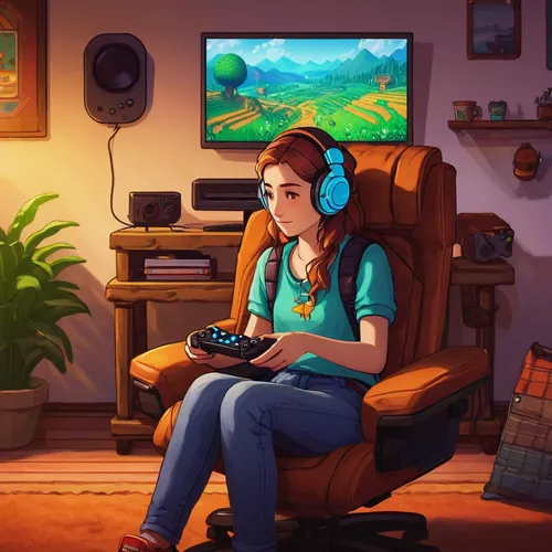 game illustration,girl studying,girl at the computer,playing room,consoles,game room,digital painting,game drawing,woman playing,world digital painting,listening to music,girl sitting,retro styled,retro girl,gamecube,game art,digital nomads,digital illustration,idyllic,gamer,Art,Classical Oil Painting,Classical Oil Painting 26